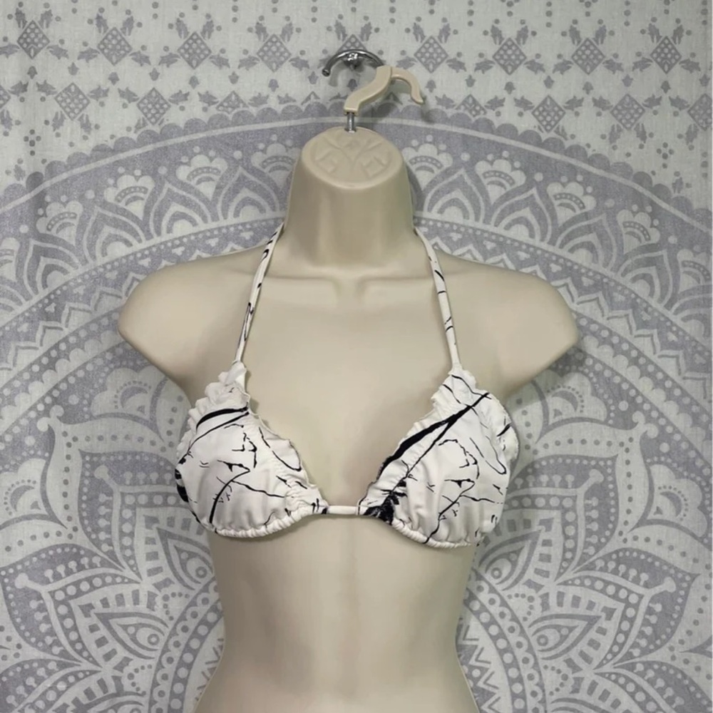 New $92 Maya Signature Swimwear Ruffle Bikini Tie Top Ivory White Black Medium M